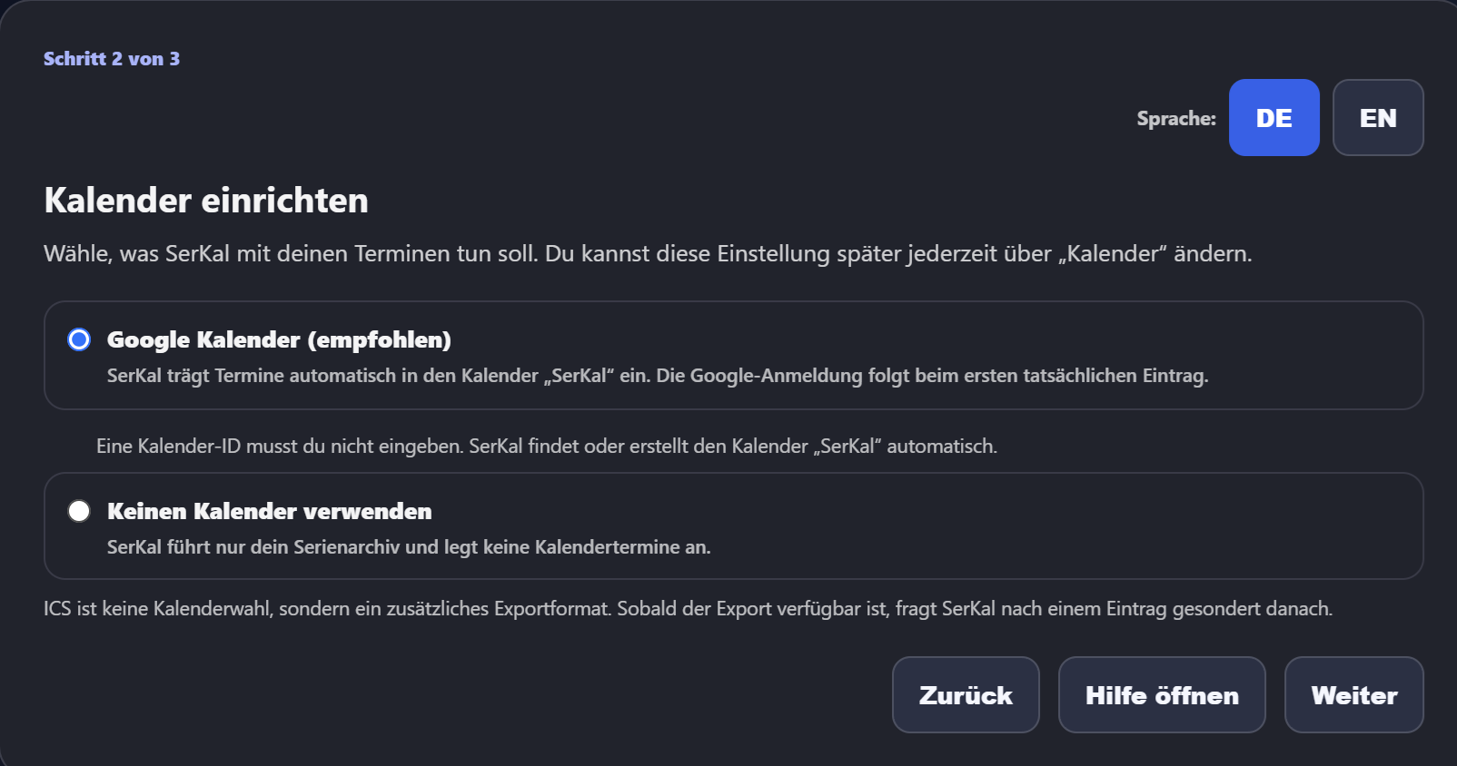Aktueller SerKal-Dialog „Kalender einrichten“ auf Deutsch